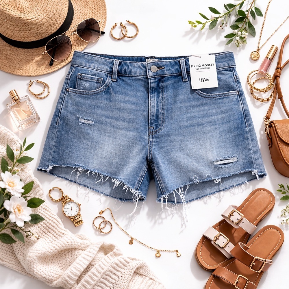 Flying Monkey 18W NWT Distressed Raw Hem Denim Shorts Plus Size High Rise
